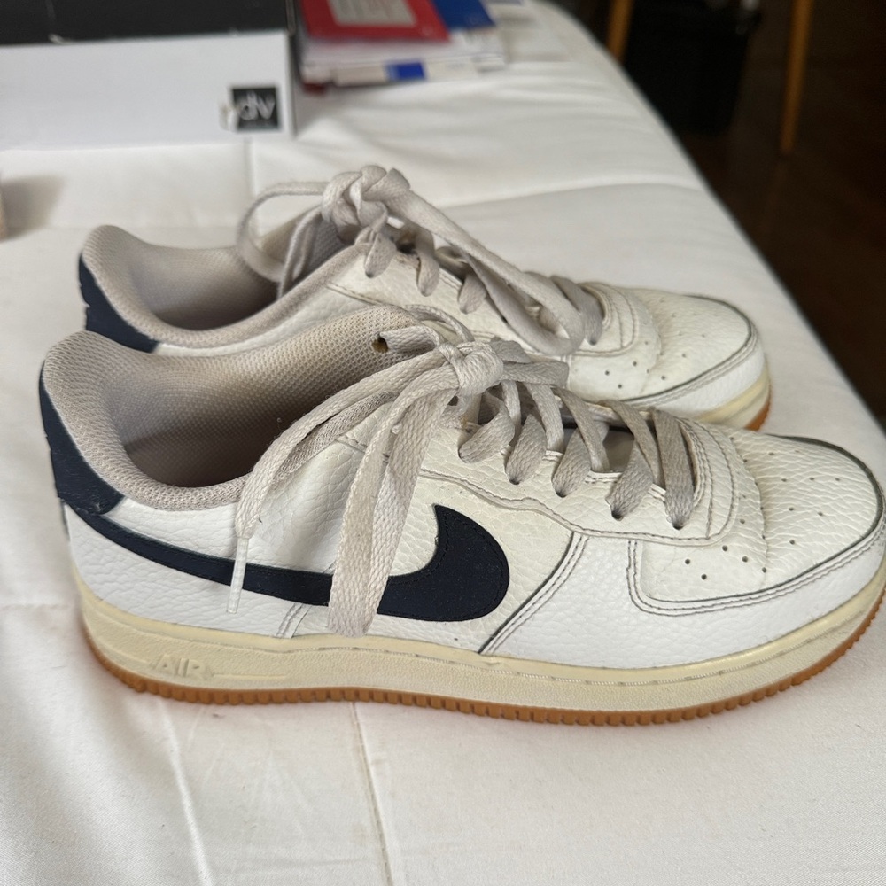 Nike Air Force 1 White and Dark Blue shoes. Youth 5 or women’s 6.5.